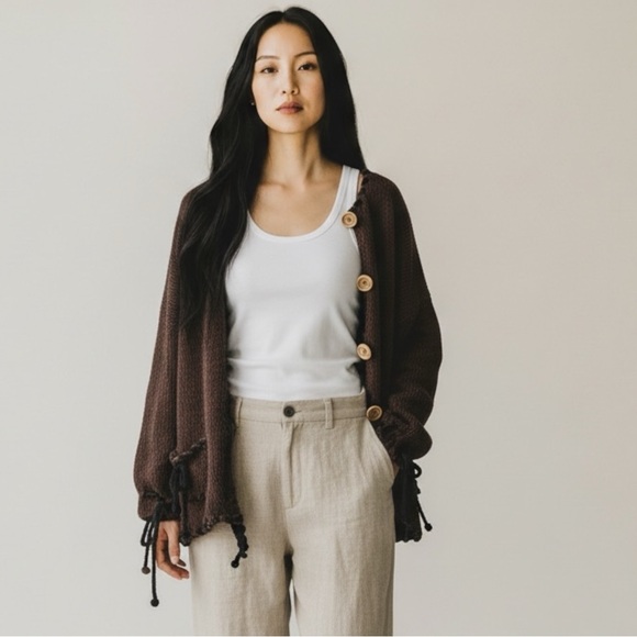 Hot Knots Brown Cotton Cardigan Sweater Cottagecore Boho Artsy Indie Slouchy OS - Picture 2 of 13